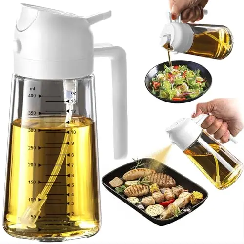 TrendPlain 16oz/470ml Glass Olive Oil Sprayer for Cooking – 2 in 1 Olive Oil Dispenser Bottle for Kitchen Gadgets and Air Fryer Accessories, Salad, BBQ - White