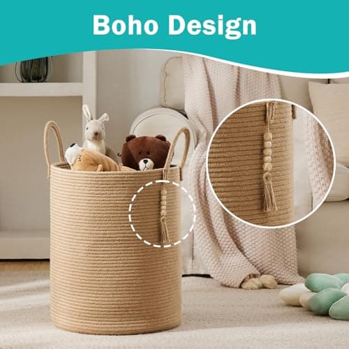 YOUDENOVA Jute Rope Laundry Hamper Basket, 58L Tall Woven Collapsible Baskets for Blanket Organizing Clothes Hamper for Laundry Bedroom Storage 8