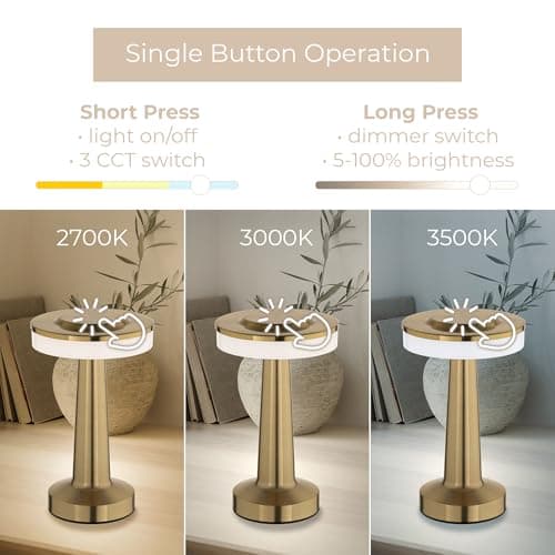 East Grove Home Radiance LED Cordless USB-C Re-Chargeable Desk Lamp, 5200mAh Battery Operated with 3 Color Temperature 2700K-3000K-3500K and Fingertip Touch On/Off Plus Dimming in Satin Brass 5