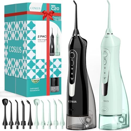 COSLUS 2 Pack C20 Cordless Water Flosser with Elegant Packaging for Teeth, Braces, Gums Care - Easy to Use, Rechargeable, Waterproof, Portable for Travel, BPA-Free, Black & Green