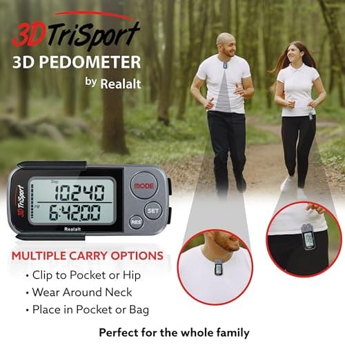 Realalt 3DTriSport 3D Walking Pedometer with Clip & Strap, Accurate Step Counter with 30-Day Memory, Distance in Miles/KM Large Display Perfect for Seniors & Beginners eBook Included - Grey/Black 5