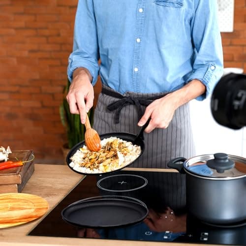 FoldTier 2 Sets Cast Iron Skillet Set 10.63'' x 6.89'' Fajita Plate Sizzling Pan with Wooden Base Anti Scald Protection Removable Handle for Restaurant Kitchen Cooking Accessory BBQ Party 6