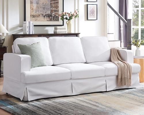 AMERLIFE Slipcovered Couch, Oversized 3 Seater Sofa with Washable Cover, Cloud Couch for Living Room Apartment, White Linen Sofa