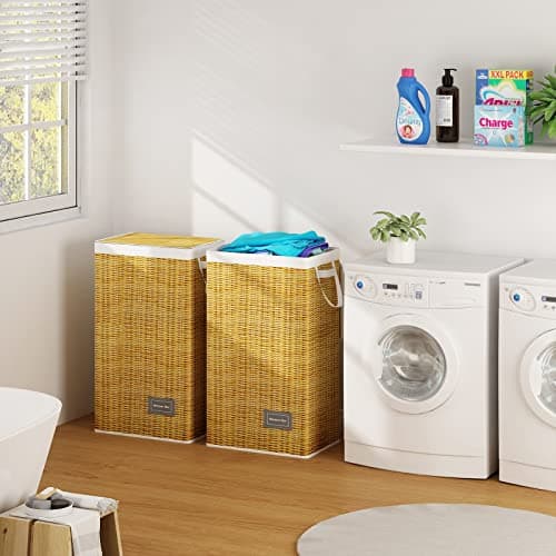 Wisdom Star Full Fabric Laundry Basket with Lid, 100L, Large Laundry Hamper with Handle Removable Bag, Collapsible Clothes Hamper Organize, For Change of Clothes Toys Towels, Wicker Print 7