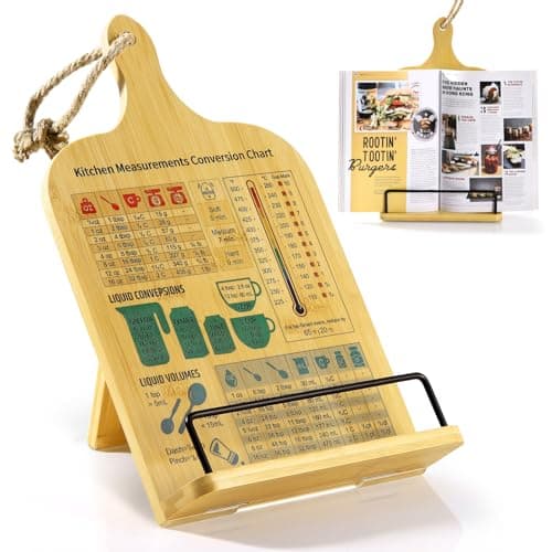 Wood Book Holder with Measurement Converter, Foldable Hangable Cookbook Holders, Wooden Cook Recipe Book Stand Holder for Kitchen Counter, Space-Saving Exquisite Gift
