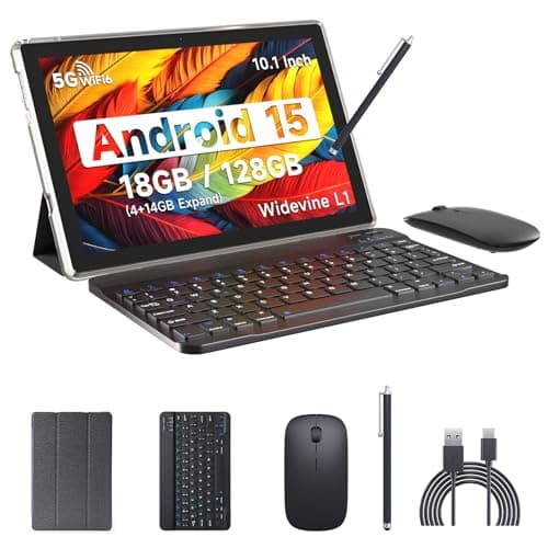 IWEGGO Android 15 Tablet, 10 Inch 18GB RAM+128GB ROM/ 2TB Expandable Tablet, 2.0GHz Quad-core Processor, 1280*800 HD Touch Screen, 5G WiFi6 BT 5.0, 2 in 1 Tablets with Keyboard Case Mouse Stylus Black