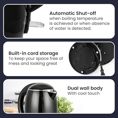Elite Gourmet EKT1821 1.8L Double Wall Insulated, Cool-Touch 1500W Kettle w/Stainless Steel Interior & Lid, 360° Swivel Base for Cord Free Serving, Power On Lever, Auto Shut-Off, Boil Dry, Black 8