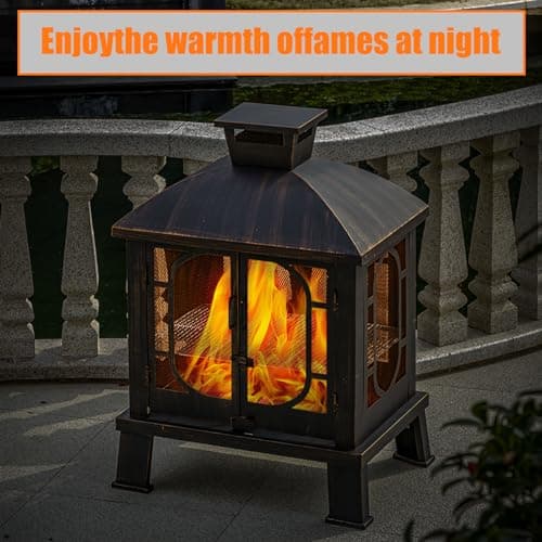 Panovue 45" H×31''W Metal Chiminea Fire Pit with Grill, Wood Burning Fire Pits for Outside,Square Chimineas Fireplace with Mesh Spark Screen Door& Fire Poker for Garden,Yard,BBQ,Bonfire (Black&Gold) 8