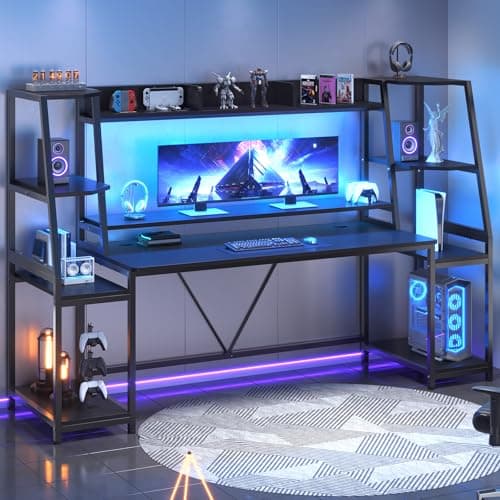 SEDETA Gaming Desk 78.8'' with LED Lights, Hutch and Storage Shelves, Computer Desk with Monitor Stand, Large PC Gamer Desk Workstation, Ergonomic Gaming Table for Bedroom, Living Room, Black