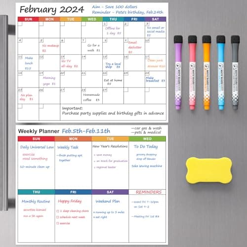Magnetic Dry Erase Calendar Whiteboard - 2 Pack, Monthly & Weekly Planner White Board - Magnet Family Planning Schedule Boards for Fridge, Wall, Refrigerator - With 5 Color Markers & 1 Eraser, 14"x11"