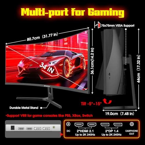 SANSUI 34 Inch 240Hz Ultrawide Curved Gaming Monitor UWQHD 3440×1440, 21:9 2K Curved Monitor 1500R,HDR400,Fast VA, PIP/PBP,AI Crosshair,AIPQ(Visual Enhance),MPRT 1ms,HDMI2.1*2,DP1.4*2(DP Cable Incl.) 9