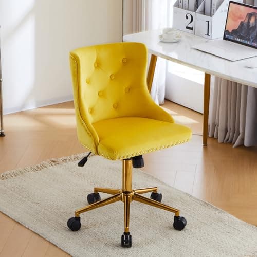 VINGLI Yellow Velvet Armless Home Office Desk Chair with Gold Base/Wheels, Small Cute Vanity/Makeup Chair with Back for Bedroom, Upholstered Adjustable Rolling Swivel Nail Chair for Women/Girls
