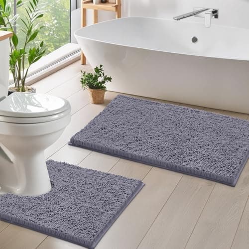 LuxUrux Bathroom Rug Set 2 Piece, Soft Absorbent Cheinlle Microfiber Bath Mat with Contour Toilet Rug, Non-Slip, Machine Wash Dry, Plush Shaggy Mats for Bathroom (20"x 30"+20"x 20" U-Shaped Gray)