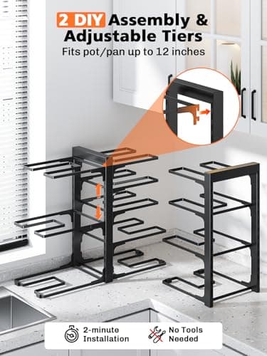 MUDEELA 8-Tier Pots and Pans Organizer under Cabinet, 15.83" Height Heavy Duty Pot Pan Organizer Kitchen Cabinet Organization and Storage, Adjustable Pot Rack for Frying Pan, Cast Iron Skillet, Black 6
