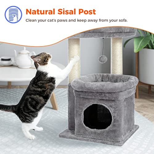 PEQULTI Cat Tree Tower for Indoor Cats with Private Cozy Cat Condo, Natural Sisal Scratching Posts and Plush Pom-pom for Small Cats 6