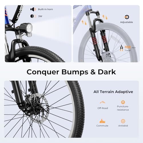 Jasion EB5 Electric Bike for Adults with Peak 1000W Brushless Motor, 40Miles 20MPH Commuting Electric Mountain Bike with 360Wh Removable Battery, 7-Speed, 26" Tires and Front Fork Suspension 6