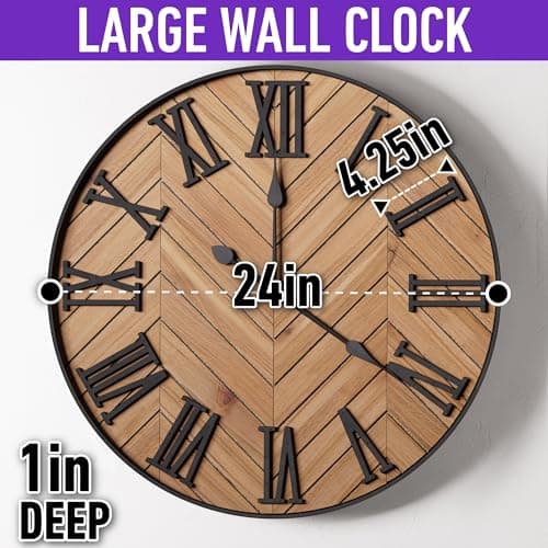 Large Wall Clock 24" Round - Silent Metal & Wood Large Farmhouse Wall Clock For Living Room Decor with 3D Roman Numerals - No Ticking - Noiseless Big Wood Decorative Clocks for Living Room Decor 6