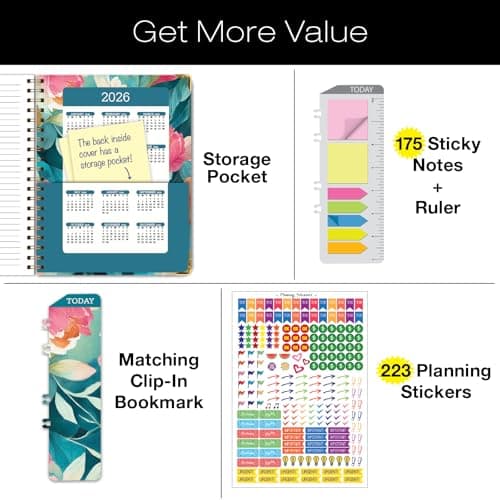 HARDCOVER Academic Year 2025-2026 Planner: (June 2025 Through July 2026) 8.5"x11" Daily Weekly Monthly Planner Yearly Agenda. Bookmark, Pocket Folder and Sticky Note Set (Teal Floral) 2