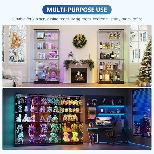 Glass Display Cabinet with RGB Lights - 5-Tiers Curio Cabinet Display Case with Lock, Frameless Tall Showcase Display Shelf for Collectibles & Legos, Living Room Bookcase Storage Cabinet (Black) 7