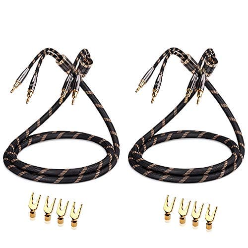 SKW A Pair Audiophile Speaker Cable,Convertible Banana Spade Gold Plated Connector,Nylon Braid,HiFi Quality Cable(8.2ft/2.5M,2 Cables for 2 Speakers)