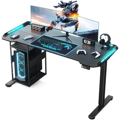 Gaming Standing Desk with LED Lights & Host Shelf, 55" x 24" Gaming Table with Music Sensing APP Control, Underdesk Cable Storage Electric Standing Desk, Black Carbon Fiber PC Table for Home Office