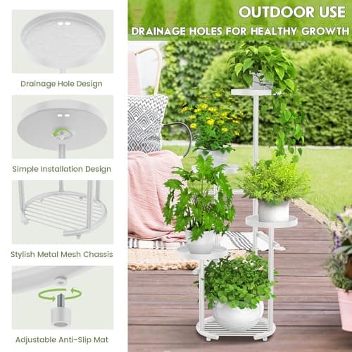 TOSKING 5-Tier Metal Plant Stand, Anti-Tip Round Base for Pots, Child & Pet Friendly, Space Saving Corner Shelf Flower Pot for Indoor Outdoor Use, Living Room Balcony Patio Garden (White, 38in) 8