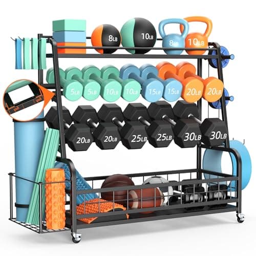 XL Dumbbell Rack Weight Stand - Adjustable Weight Rack for Dumbbells, Home Gym Storage Rack for Kettlebell, Balls,Yoga Mat Storage Holder, Workout Equipment Storage Organizer With Wheels