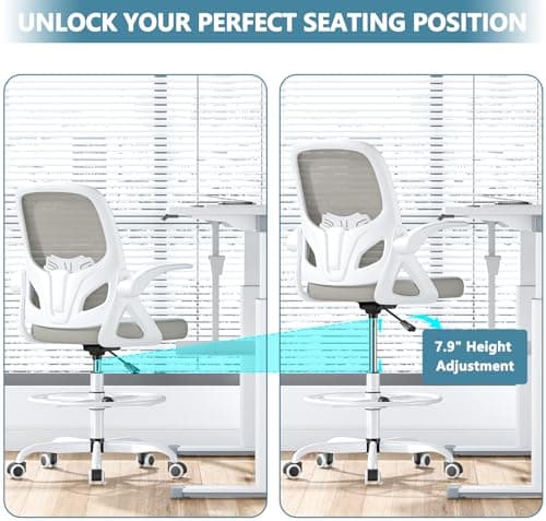 Kensaker Tall Drafting Chair with Footrest Ring for Home and Work, Ergonomic Home Desk Office Chair with Flip up Arms and Lumbar Support, Extended Height Executive Desk Office Chair(Gray) 5
