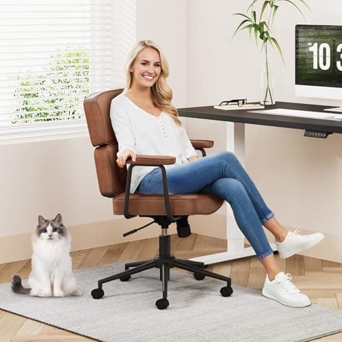 FLEXISPOT Vanity Chair with High Back Makeup Chair for Vanity Desk, Comfortable Home Office Desk Chairs 23.4 * 20.1in Wide Seat Cross Legged Office Chair with Wheels, Brown