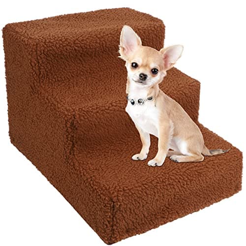 yofit Doggy Steps - Non-Slip 3 Steps Pet Stairs for Cats and Dogs, Foldable Plastic with Washable Carpet Holds Up to 50 lbs (Brown)
