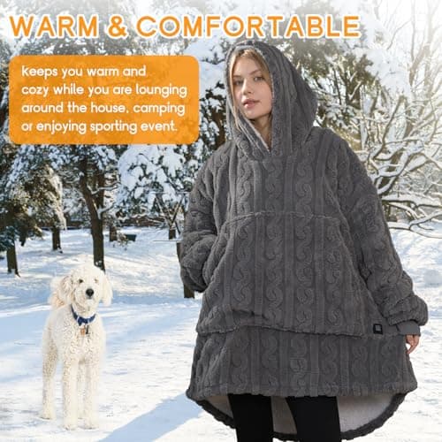 Dowin Heated Wearable Blanket Battery Powered, Come with 5000mAh Portable Rechargeable Charger, USB Fannel Sherpa Oversized Hoodie Sweatshirt, Machine Washable, Grey 7