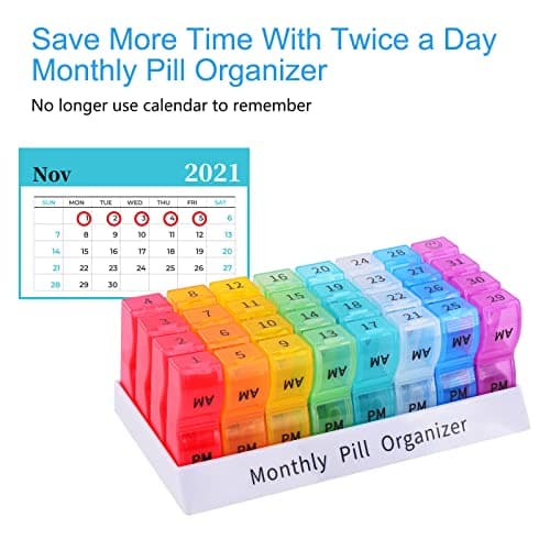 GREENCYCLE Monthly Pill Organizer 2 Times a Day, 30 Days Pill Box AM PM, 4 Week Pill Cases, One Month Pill Medicine Container Small Separate Compartments to Hold Vitamins, Fish Oil, Supplements 6