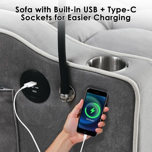 tiramisubest Convertible Sofa Bed, Sleeper Sofa with Side Pocket, Adjustable Backrest, Living Room Sofa with Phone Holder, Pull Out Couch, Loveseat with Cup Holder and USB Interface (Velvet, Gray) 5