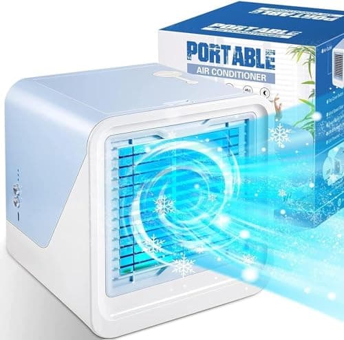 GOFOIT Portable Air Conditioner, Personal Mini Air Cooler with 3 Speeds 7 Colors, 3 IN 1 USB Evaporative Air Cooler Desktop Cooling Fan with Large Water Tank for Home Room Office, Blue