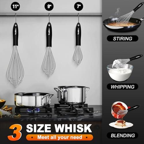 Stainless Steel Wire Whisk Set - 3 Packs Balloon Whisk, Thick Wire Wisk ＆ Strong Handles, Egg Frother for Cooking, Blending, Whisking, Beating and Stirring (7"+9"+11") 7