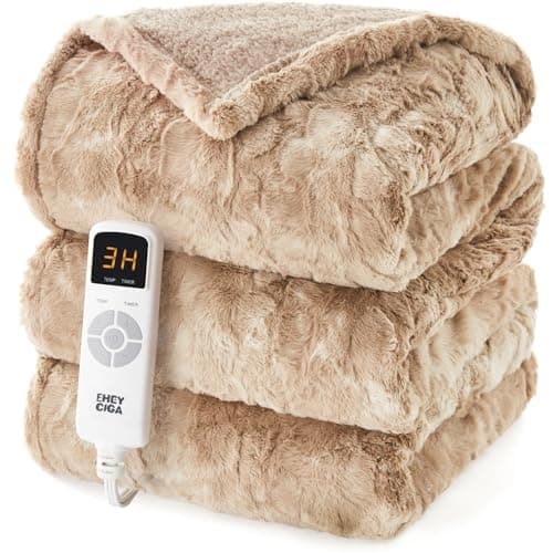 EHEYCIGA Electric Heated Blanket Throw Faux Fur, 10 Hours Auto Shut Off 9 Heating Levels Heating Blanket Throw, Soft Warm Heated Blanket Fast Heating Camel, Faux Fur & Sherpa
