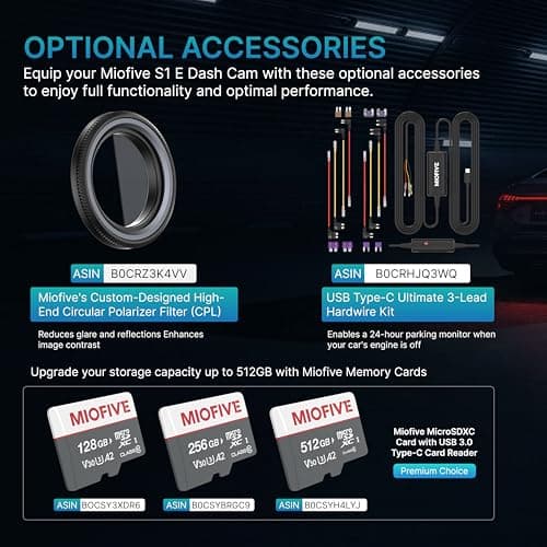 Miofive Dash Cam Front, S1 E Car Camera, Built-in WiFi & GPS Car Dashboard Camera Recorder with 4K/2160P UHD, App, 3" IPS Screen, WDR Night Vision, 24-Hour Parking Monitor, Loop Recording, G-Sensor 7