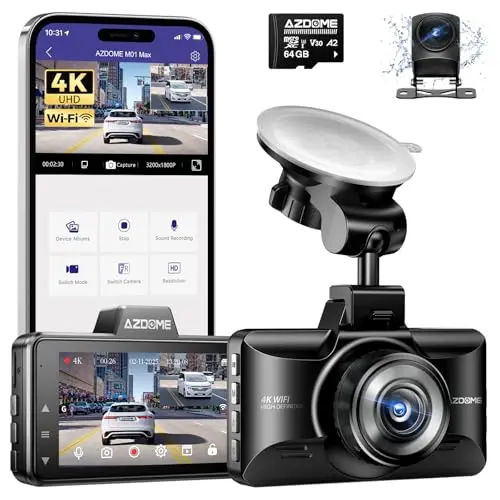 AZDOME M01 Max UHD 4K Dash Cam Front and Rear, Built-in Wi-Fi, Free 64GB Card, App Control, 4K+1080 Dash Camera for Car, Built-in ADAS, G-Sensor, IP68 Waterproof, 24H Parking Mode Dashcam