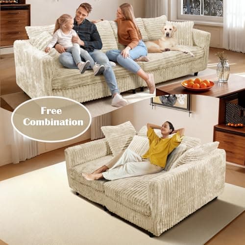 MJQFVM 104.3'' Cloud Couch, 4 Deep Seat Convertible Modular Sectional Sofa, Plush Corduroy & Memory Foam Couches with 6 Soft Pillows for Living Room, Apartment (Beige, 104.3'') 6