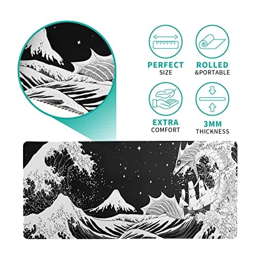 Black and White Japanese Wave Dragon Gaming Mouse Pad - Abstract Mat with Non-Slip Rubber Base, 31.5x11.8 Inch, Stitched Edges - Desk Pad for Office and Home 5