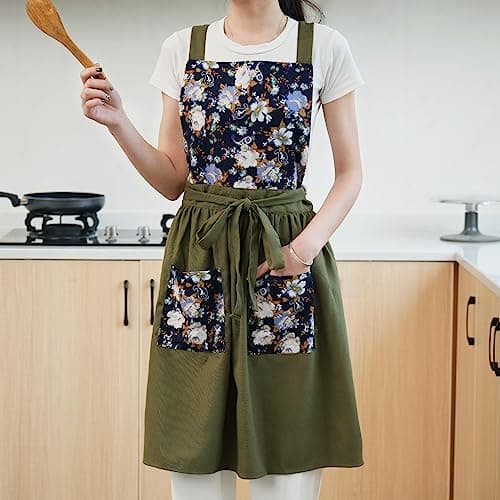 Pinknoke Vintage Pinafore Apron Dress for Women with Pockets Cute Floral Chef Aprons for Kitchen Cooking Baking Gardening (Olive Green) 6