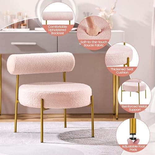 Yaheetech Boucle Vanity Chair, Modern Tufted Accent Chair, Cozy Sherpa Barrel Chair with Gold Legs, Club Chair for Living Room Bedroom Makeup Room Home Office, Pink 7