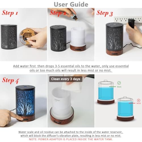 EQUSUPRO Essential Oil Diffuser 150ml Black Metal Aromatherapy Oil Diffuser Ultrasonic Cool Mist Diffuser with Auto Shut-Off Protection,7 Colors Changed LED for Home Office SPA Yoga (A-Tree) 7