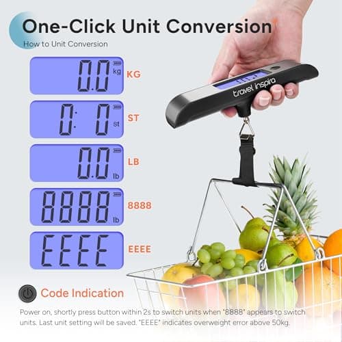 travel inspira Rechargeable Luggage Scale 110lb/50kg - Large Backlit Display - Stainless Steel - Portable Digital Hanging Scale for Suitcases, Bags, Packages (USB -C Charging Included) 6