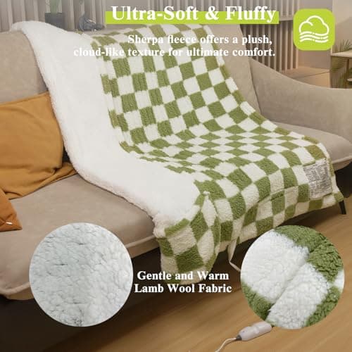 Silver Island Snuggle Heated Blanket Throw with Foot Pockets for Cold Feet, Electric Lap Blanket with 4 Heating Levels, Auto Shut-Off, Machine Washable, ETL & FCC Certified, for Women(Green White) 5