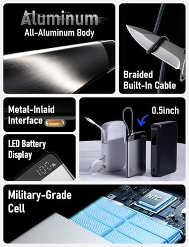 LISEN [CCC Certified][Alloy-Made] 0.5" Ultra Slim 10000mAh Power Bank, 22.5W Fast Charging with Built in USB-C Cable, Airplane Travel Essentials for iPhone 17 Air 16 15 Pro Samsung Galaxy S26 Ultra 6