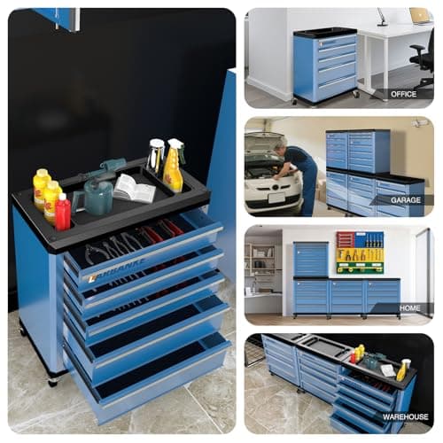 LARBANKE 5-Drawer Rolling Tool Chest with 360° Wheels and Lock&Keys,Tool Cabinet with Non-slip Pearl Cotton Mat and Multifunctional Countertop,Connecting Rods Can Be Connected with 7-Drawer Tool Chest 7