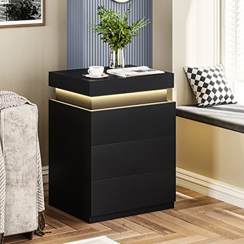 ADORNEVE Nightstand with Charging Station and LED Lights,Night Stand with Sliding Top,Bedside Table with Drawers,Modern End Side Table for Bedroom,Black 7