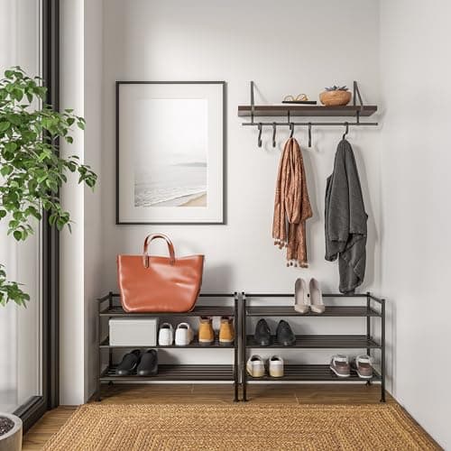 Seville Classics Sturdy Freestanding Storage Shelf for Bedroom, Closet, Entryway, Dorm Room Organizer Stackable Durable Metal Shoe Rack Espresso Slat, 3-Tier (NEW MODEL) 8