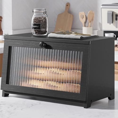 Kitsure Bread Box - Wooden Bread Box for Kitchen Countertop, Large Capacity Kitchen Countertop Organizer, Stylish Bread Storage with Window, Multi-functional Container, Black, 15.0"x8.3"x9.1" (1T)